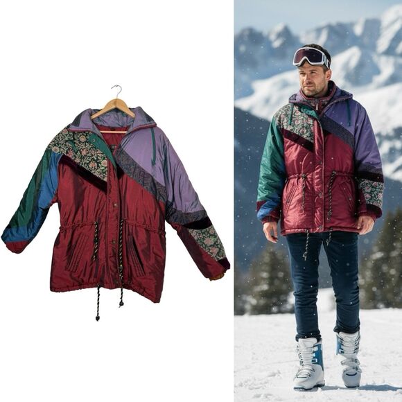 Vintage LIZ THOMAS Colorblock Metallic Puffer Jacket 90s Ski Mens L XL USA Retro